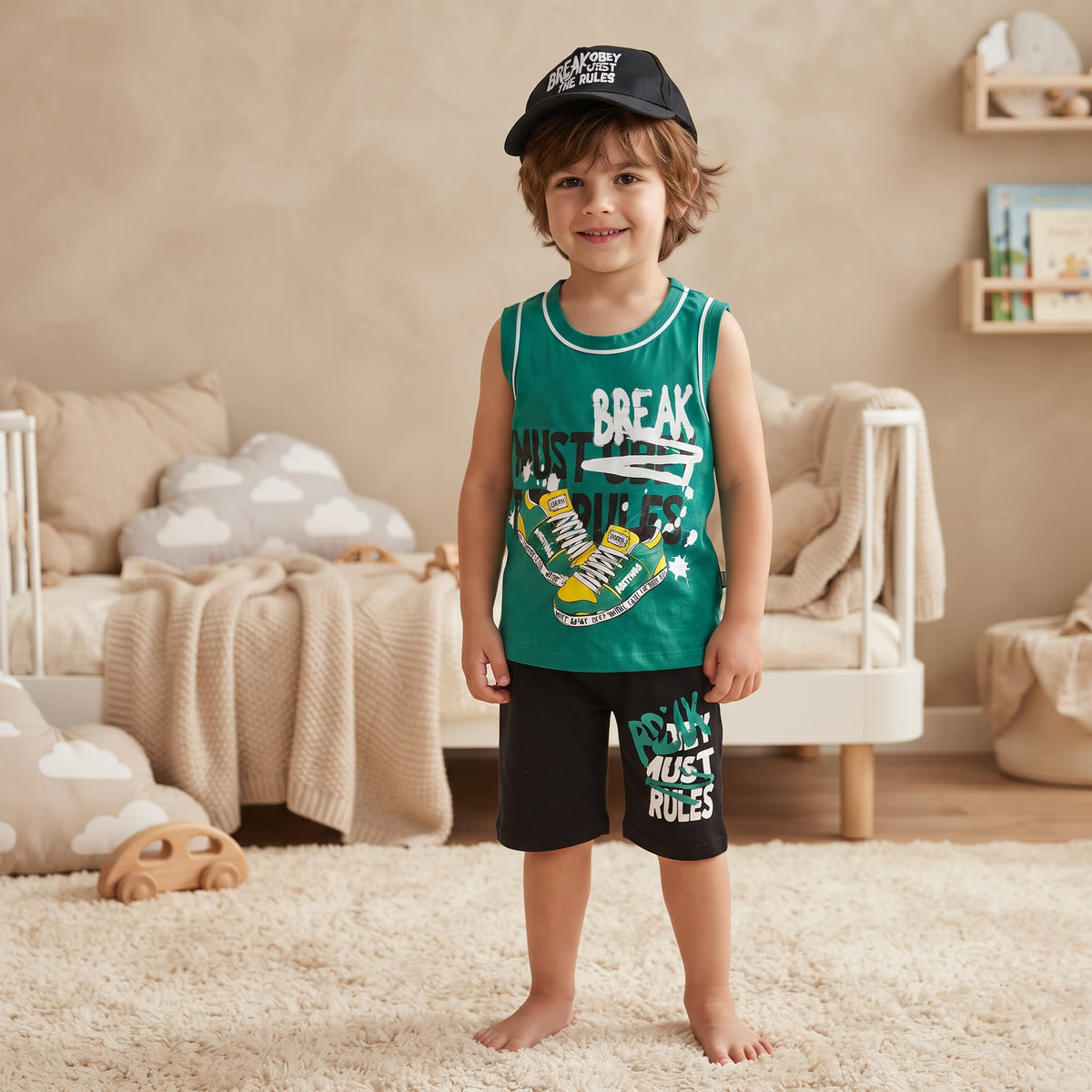 Ensemble garçon Break Rules vert et noir, débardeur, short et casquette 5-6 ans