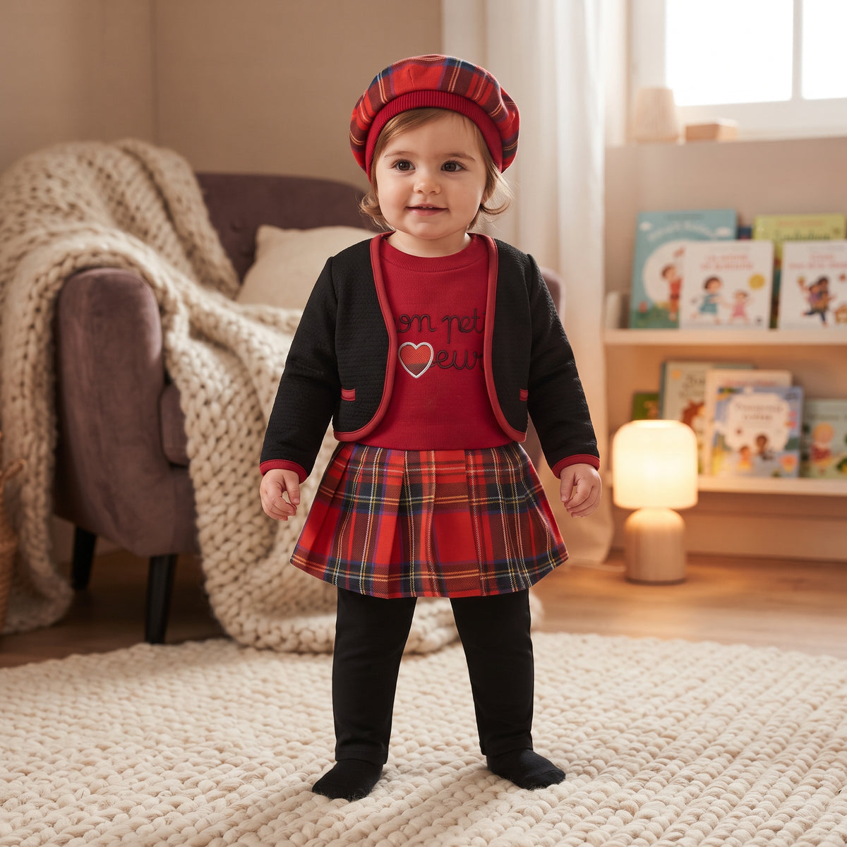 Ensemble bébé fille porté, robe rouge à jupe tartan, gilet noir bordé de rouge, legging noir et béret assorti