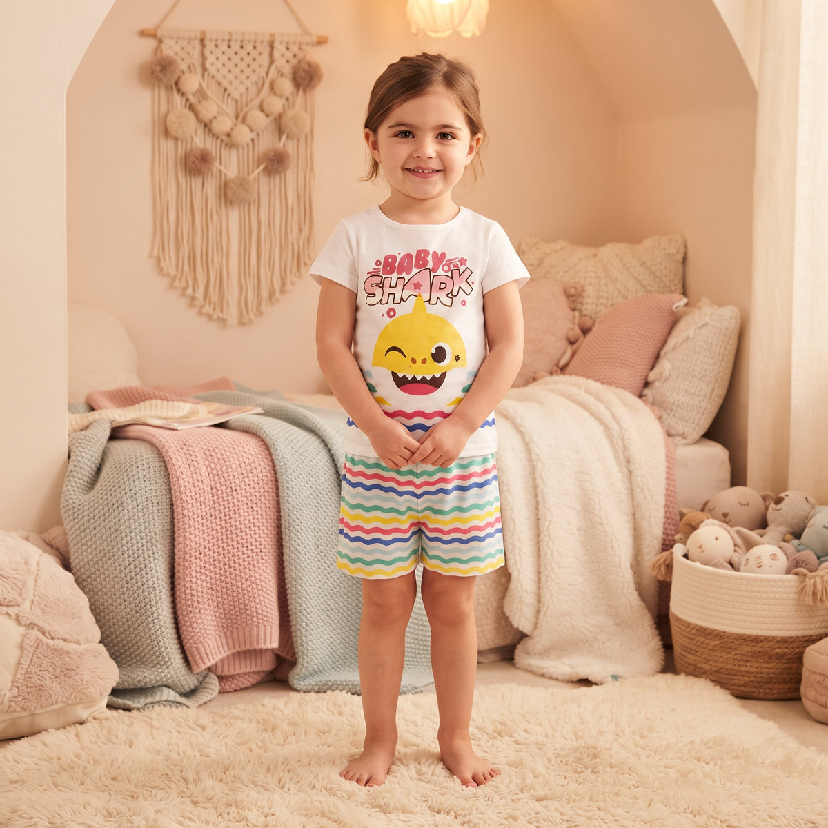 Ensemble fille Baby Shark porté, t-shirt blanc à requin jaune et short à vagues multicolores