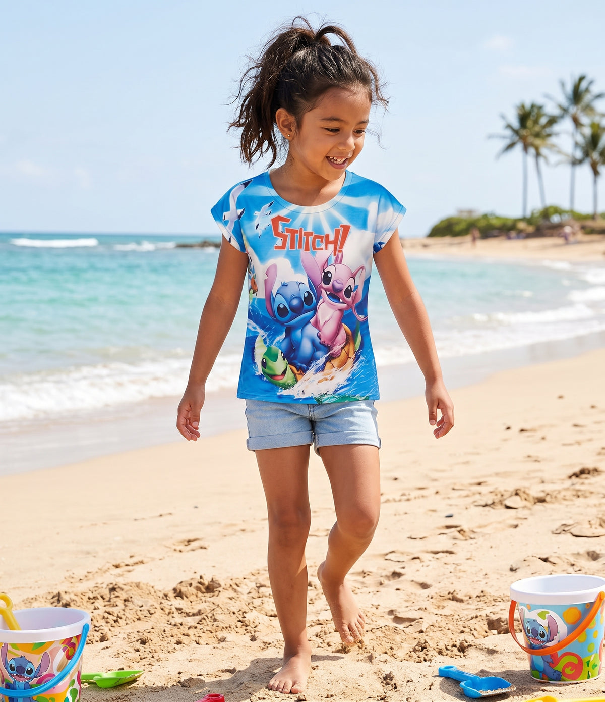 T-shirt Enfant Stitch Angel Bleu Estival Full Print Manches Courtes 2 a 12 ans Neuf