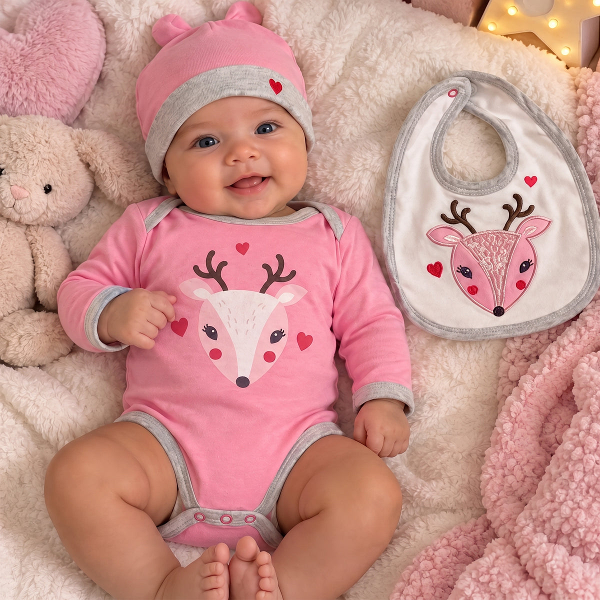 Coffret bébé fille Tom et Kiddy rose et blanc, grenouillère body bonnet bavoir 3 à 12 mois
