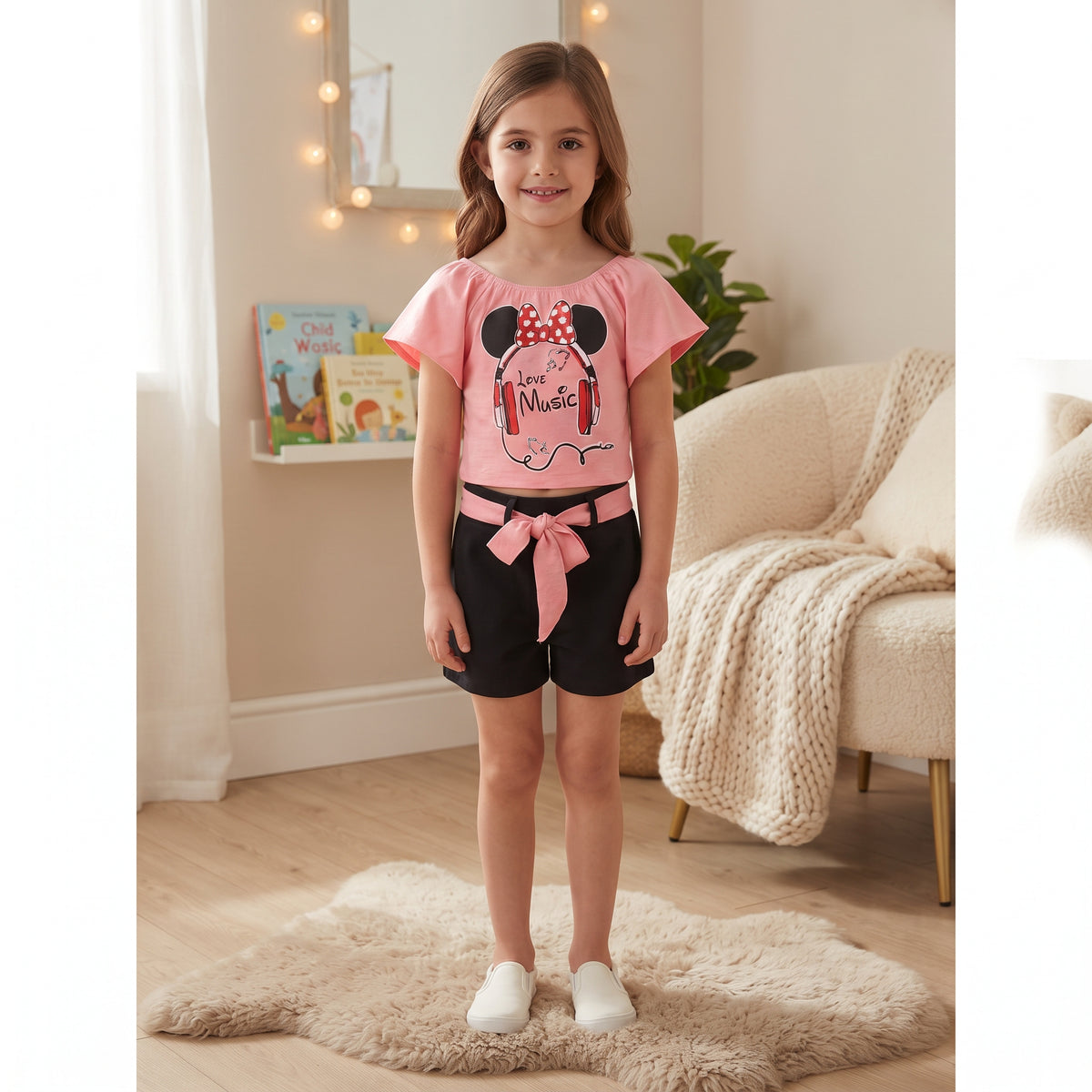 Ensemble fille crop top rose casque musique et short noir à nœud 2 à 12 ans