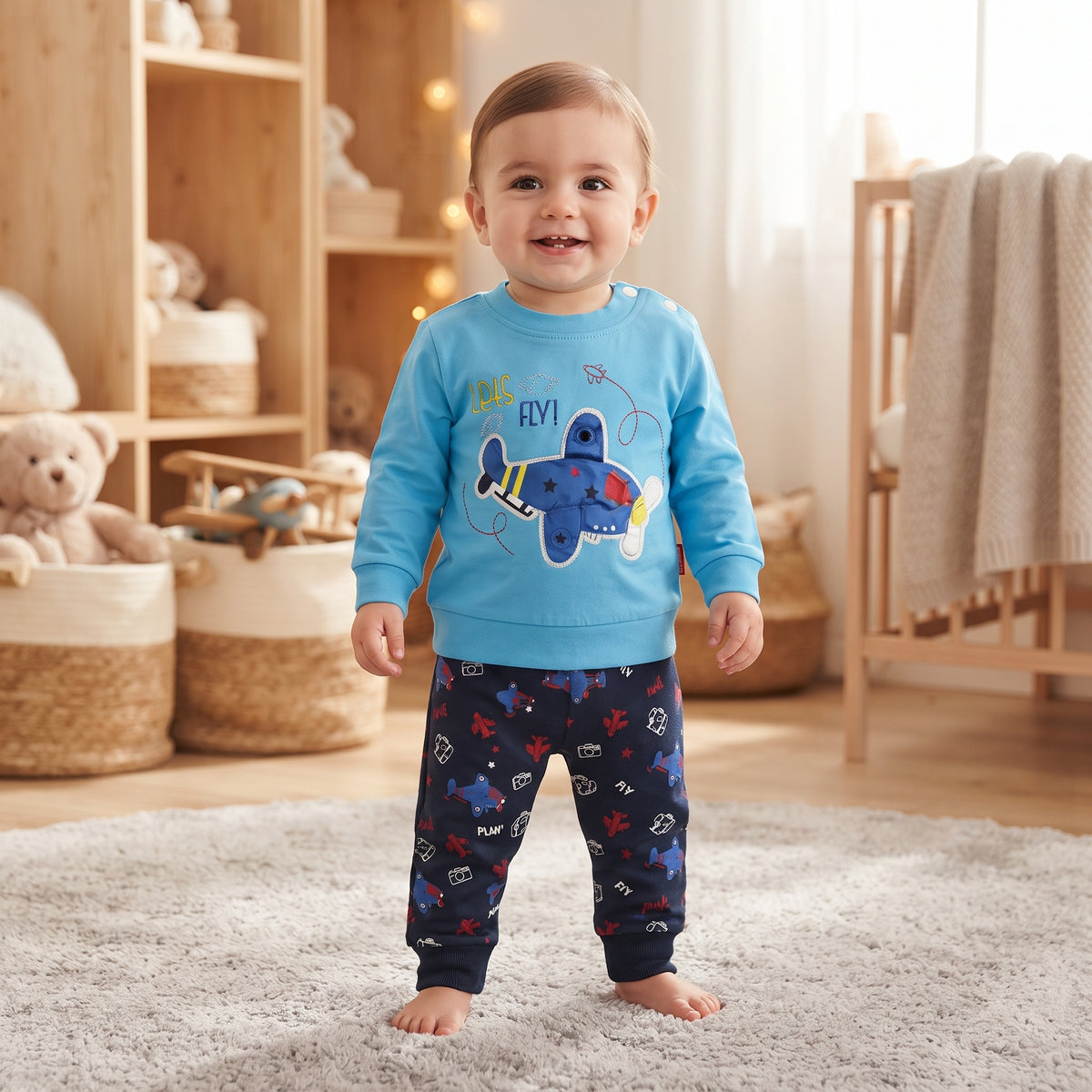 Ensemble bébé garçon porté, sweat turquoise à avion et pantalon marine imprimé de motifs aviation
