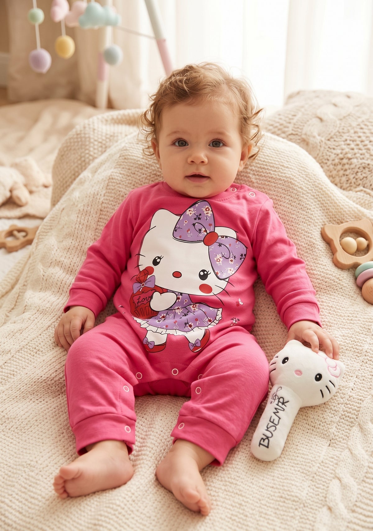 Grenouillere Bebe Fille Fuchsia Chat Robe Violette Fleurie Chaussettes Hochet 9-12 mois Neuf