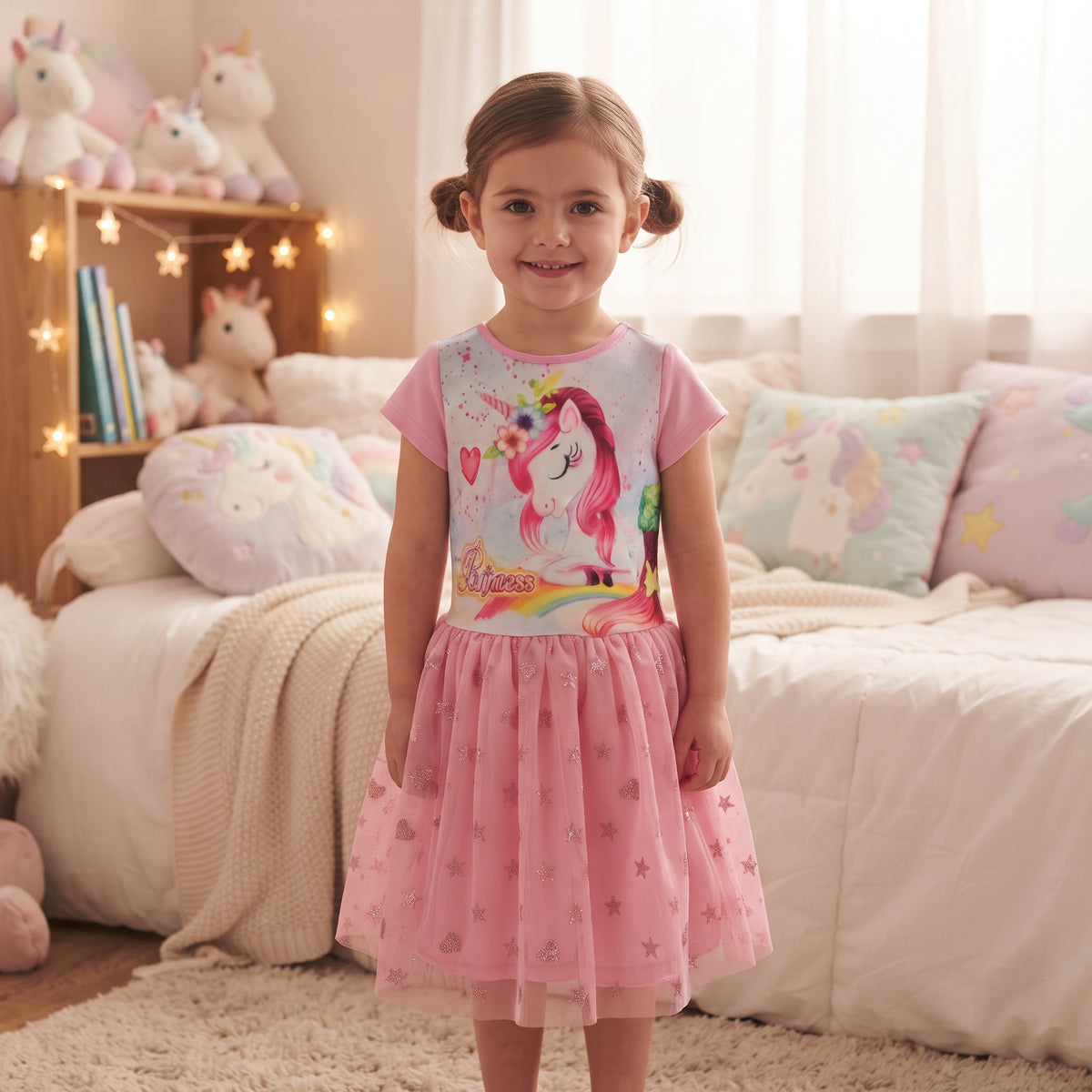 Robe fille portée avec licorne à crinière rose et jupe en tulle rose à cœurs et étoiles brillants