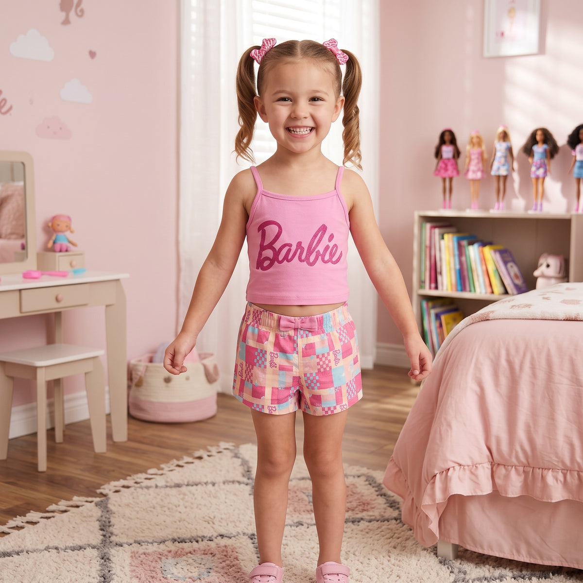 Ensemble fille Barbie rose, débardeur court à fines bretelles et short patchwork 6-12 ans