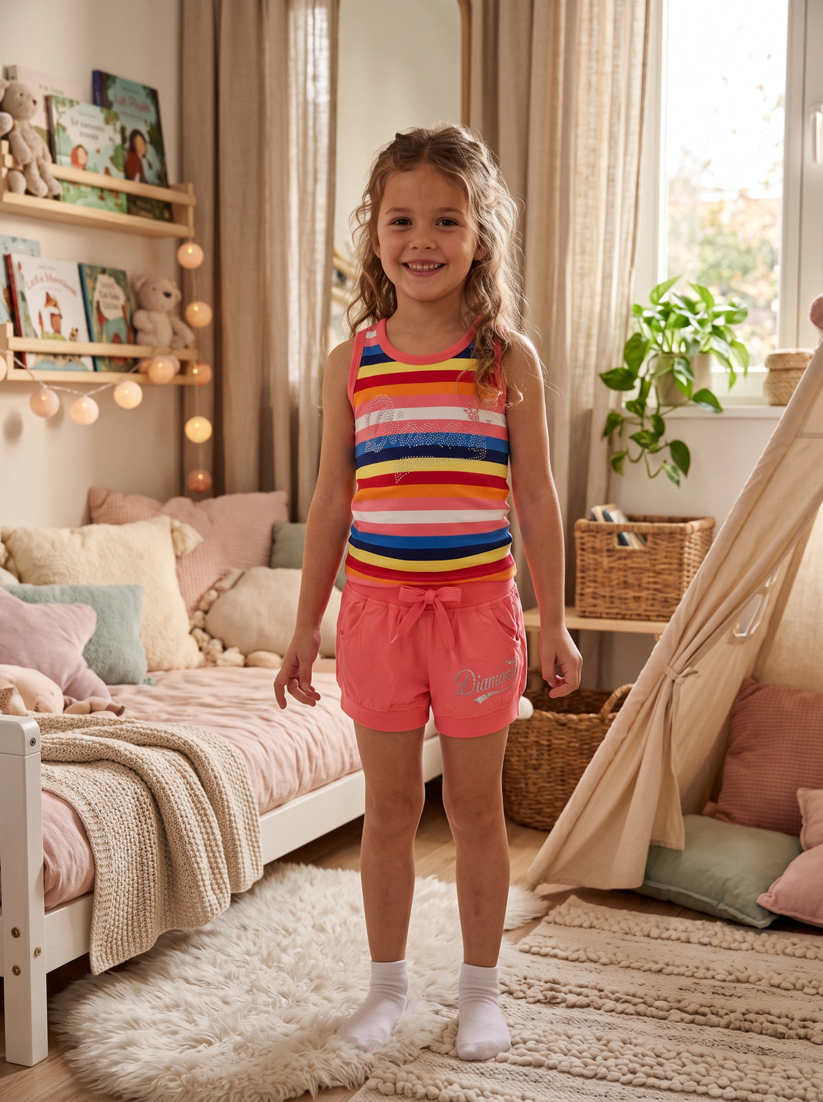 Ensemble fille porté avec débardeur rayé multicolore à strass et short rose corail Diamond