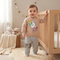 Ensemble bébé fille licorne porté, sweat beige et pantalon gris chiné à patch de sequins sur le devant