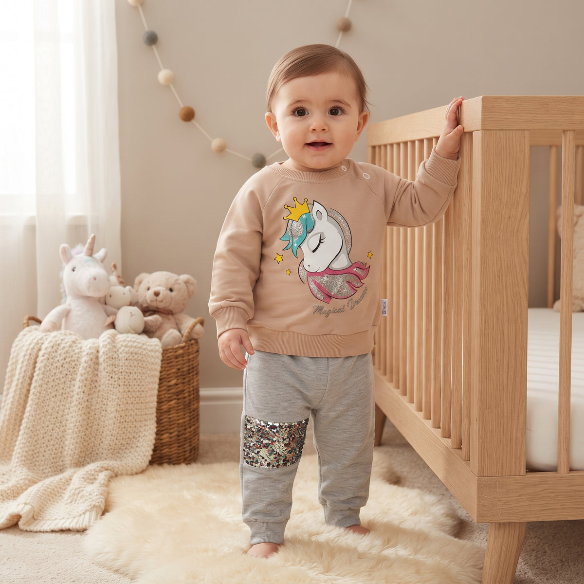 Ensemble bébé fille licorne porté, sweat beige et pantalon gris chiné à patch de sequins sur le devant