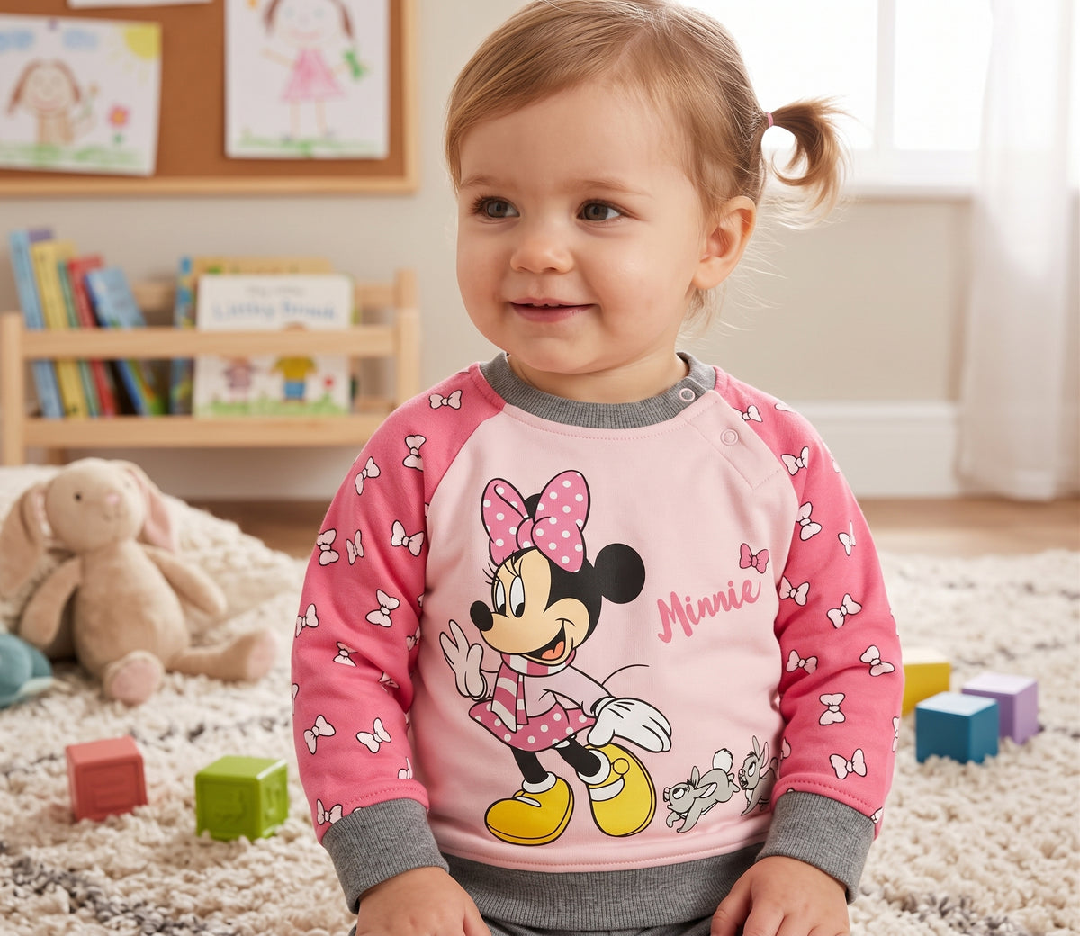 Pull Bebe Fille Disney Minnie Mouse Bicolore Rose Pale Manches Fuchsia Noeuds 9-23 mois Neuf