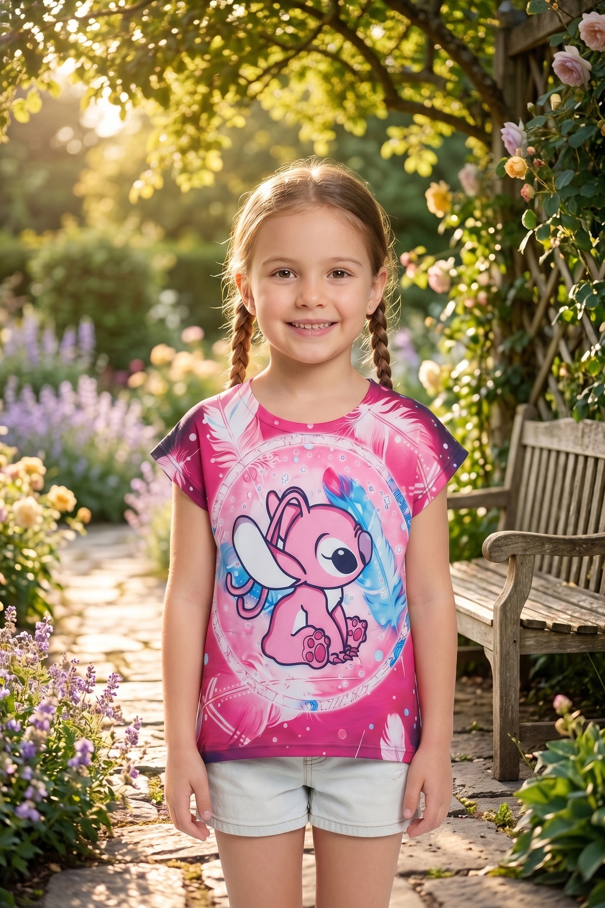 T-shirt Fille Angel Stitch Rose Multicolore Full Print Manches Courtes 2 a 12 ans Neuf