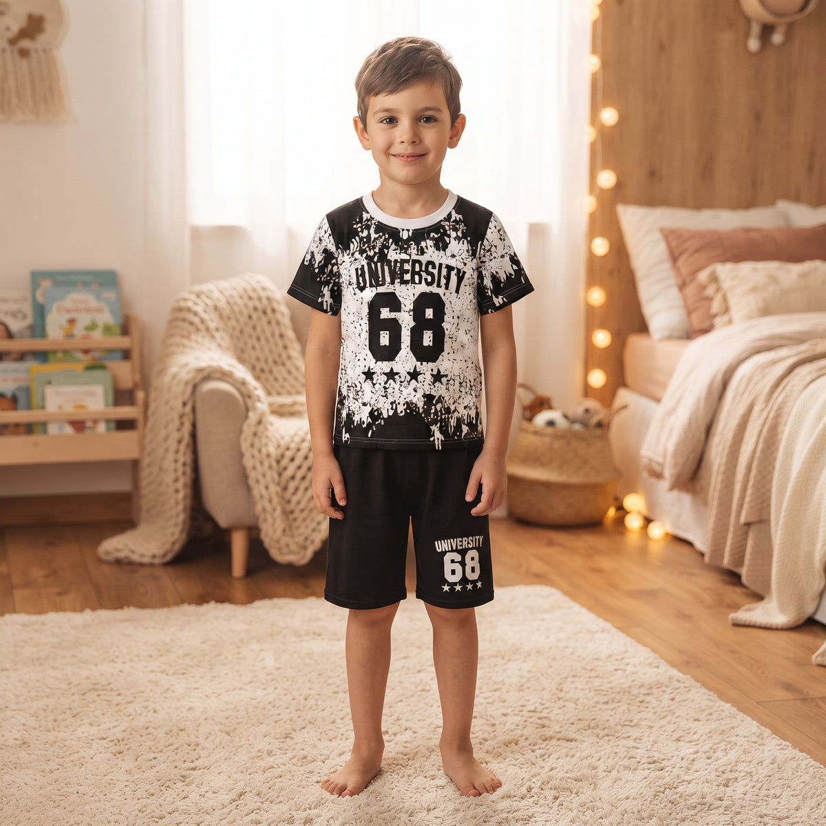 Ensemble garçon University 68 noir et blanc porté, t-shirt à éclaboussures et short noir avec quatre étoiles