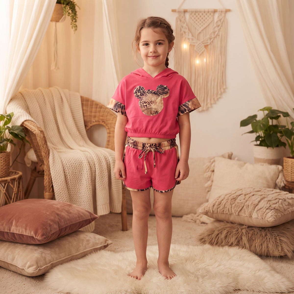 Ensemble fille fuchsia porté, crop top à capuche et silhouette souris animalier avec short aux finitions léopard