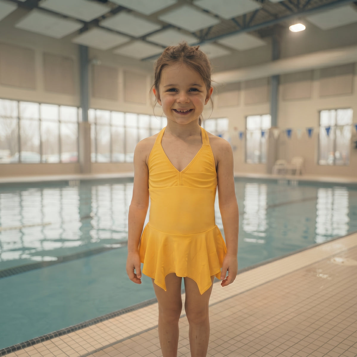 Maillot de bain fille jaune à jupette et liens à nouer au cou 5 à 10 ans