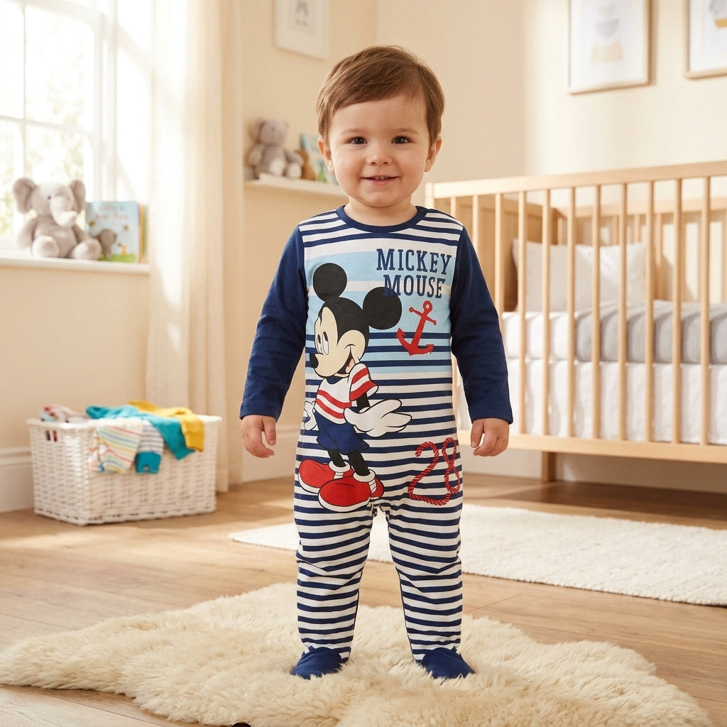 Bébé portant un pyjama Disney Mickey marin à rayures bleu marine et blanches et pieds fermés dans une chambre lumineuse