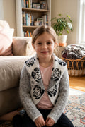 Bolero Fille Gris Chine Matiere Poilue Col Blanc Roses Noires Jacquard 4-12 ans Neuf