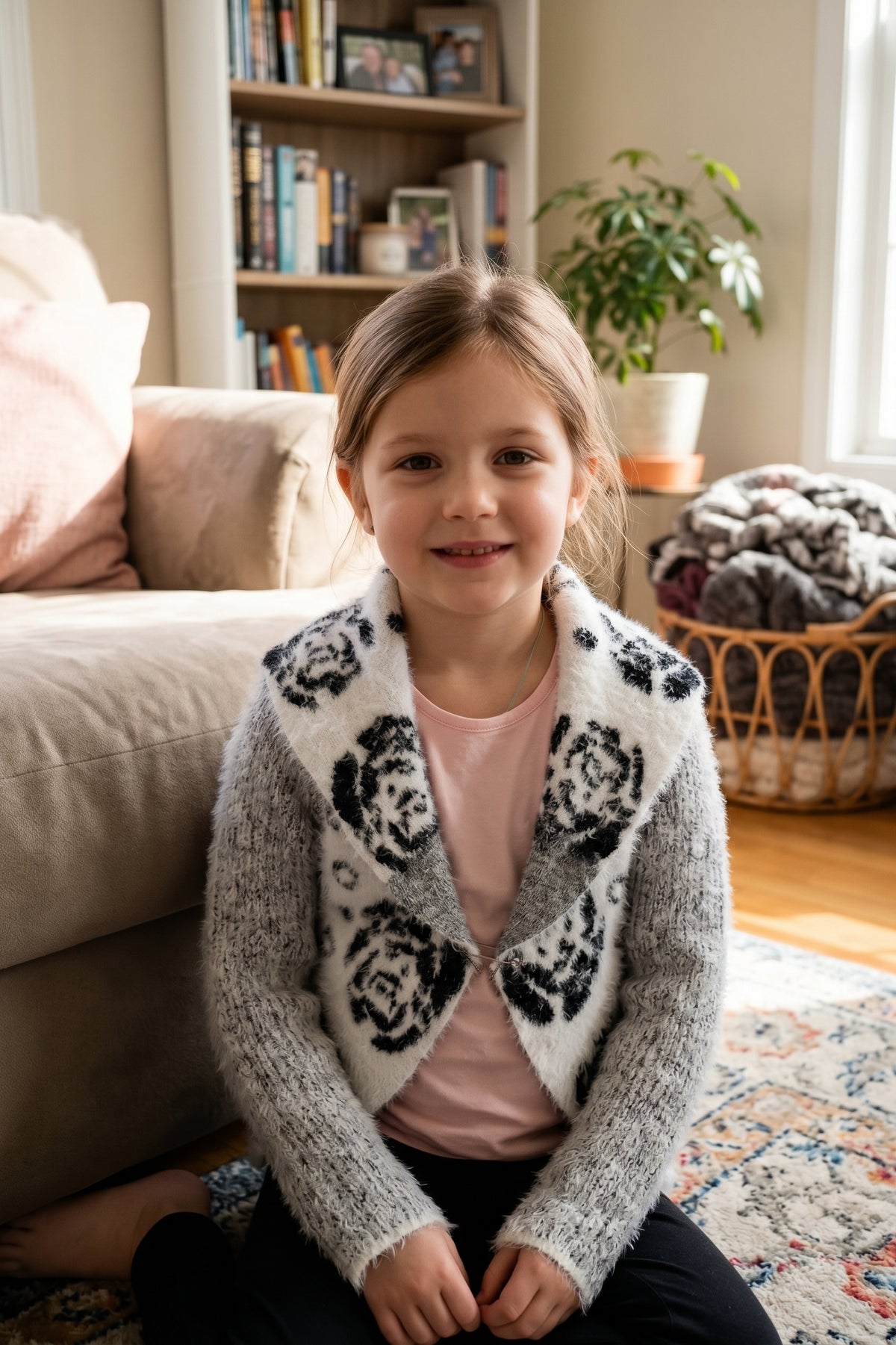 Bolero Fille Gris Chine Matiere Poilue Col Blanc Roses Noires Jacquard 4-12 ans Neuf