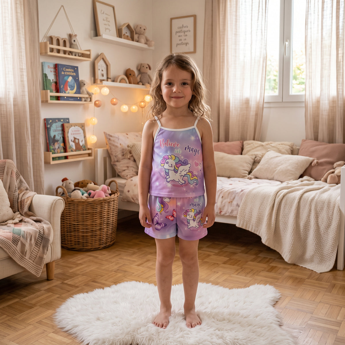 Ensemble fille pastel Believe in Magic porté, débardeur à bretelles blanches et short avec licornes et papillons