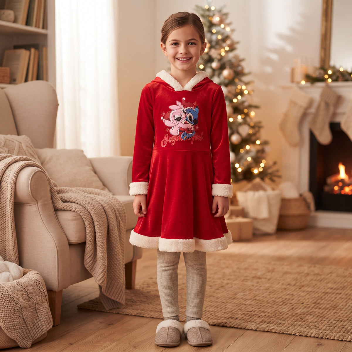Robe de Noël fille Stitch et Angel portée, rouge à aspect velours, capuche et bordures blanches