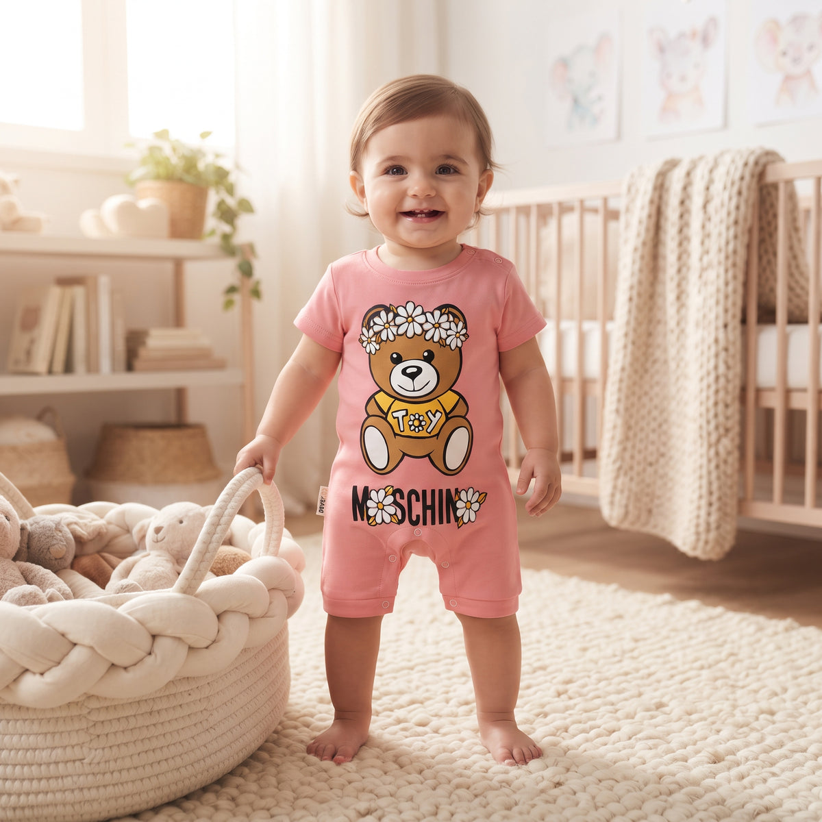 Combishort bébé fille rose porté, nounours brun à couronne de marguerites et t-shirt jaune Toy