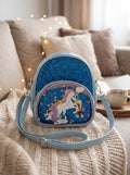 Petit sac bandoulière fille bleu pailleté avec licorne et poche transparente 19 x 23 cm
