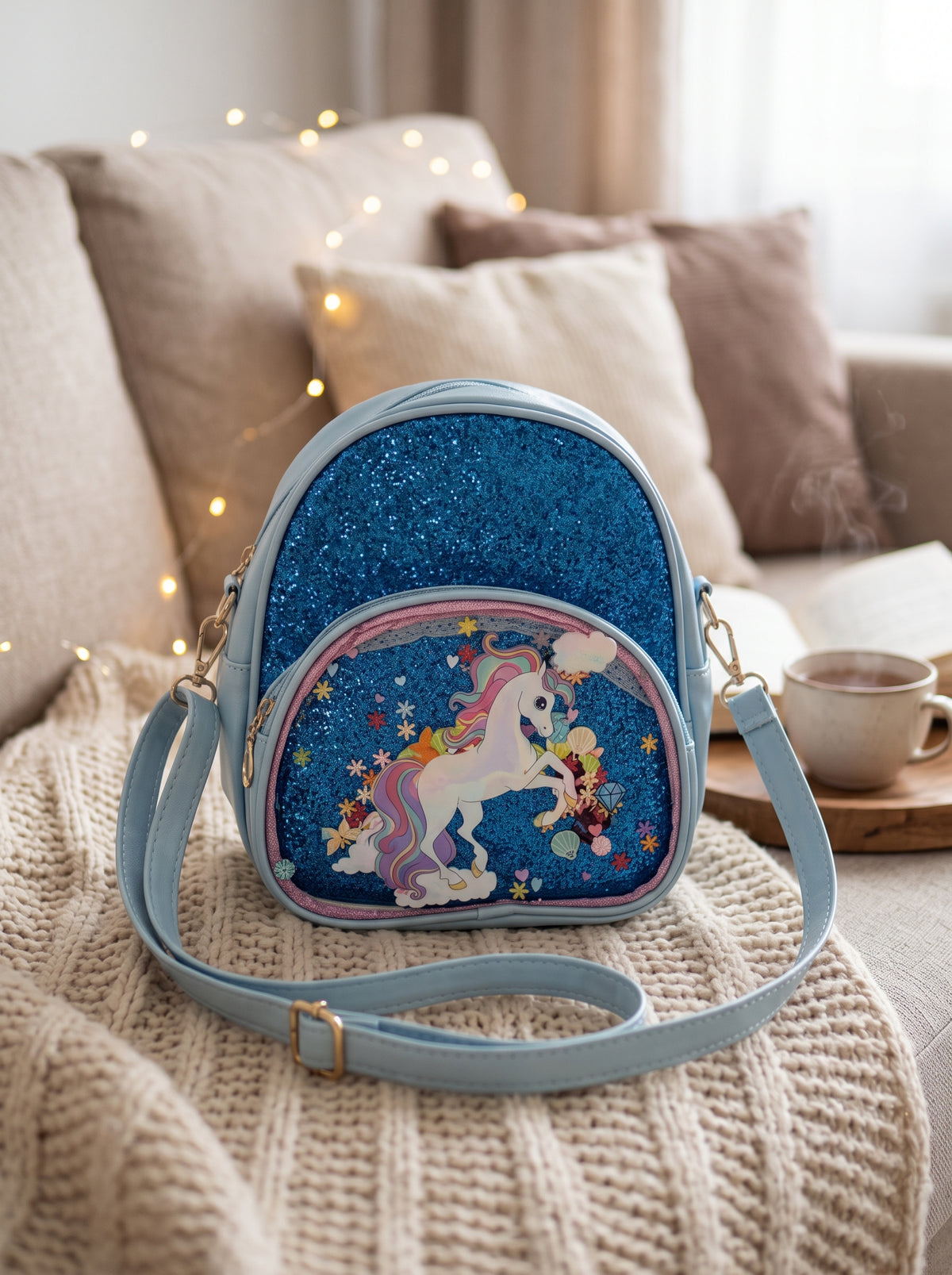Petit sac bandoulière fille bleu pailleté avec licorne et poche transparente 19 x 23 cm