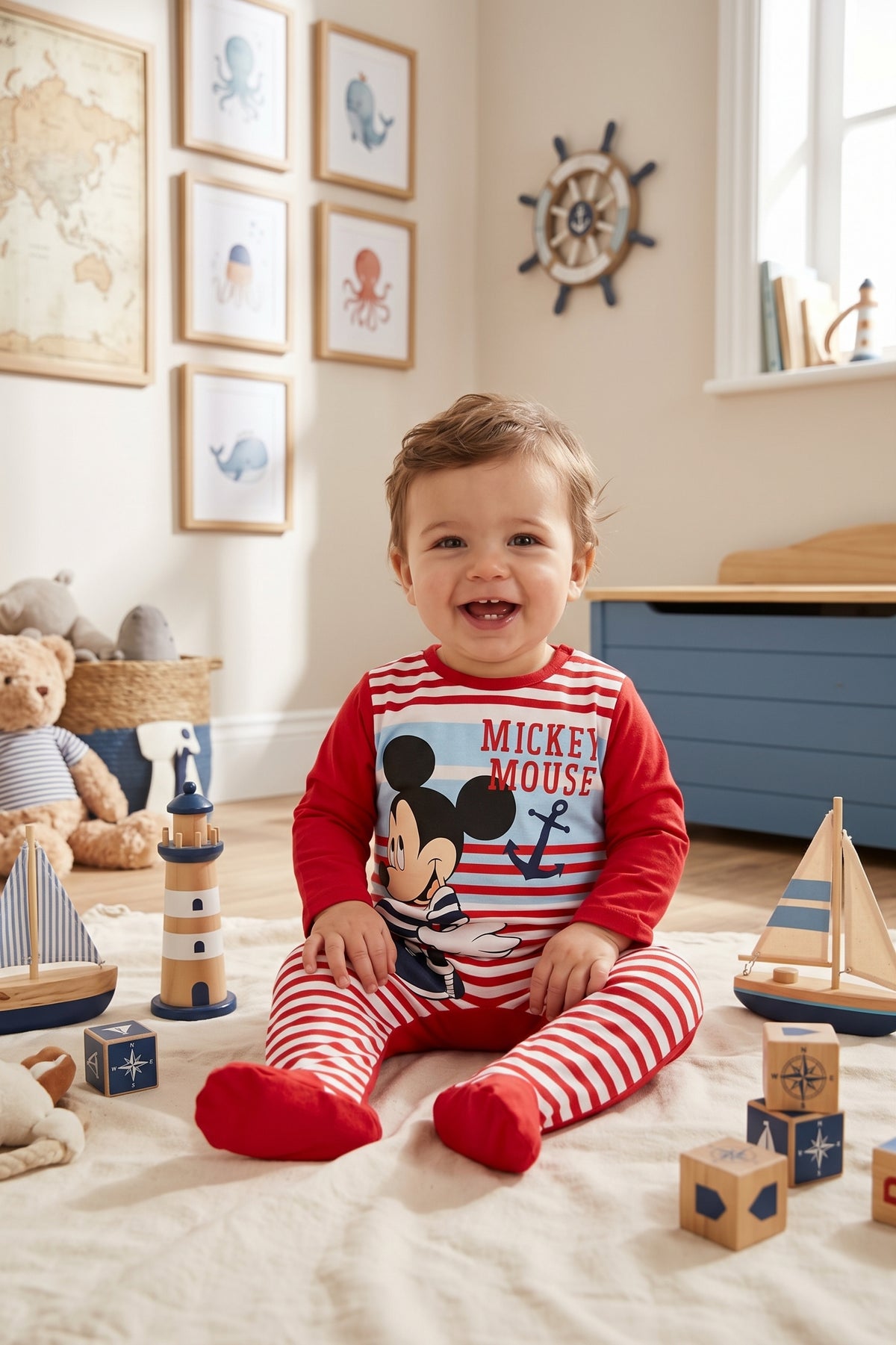 Pyjama Dors-Bien Bebe Garcon Mickey Mouse Rouge Raye Mariniere Ancre Pieds Fermes 18-24 mois Neuf