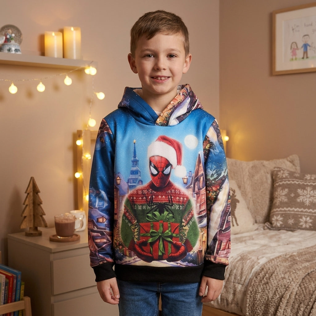 Sweat à capuche garçon Spider-Man de Noël avec cadeau et village enneigé au dos 4-14 ans