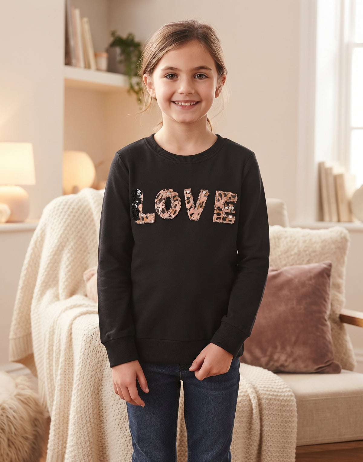 Sweat fille noir LOVE avec lettres léopard rose et beige et détails en sequins, porté
