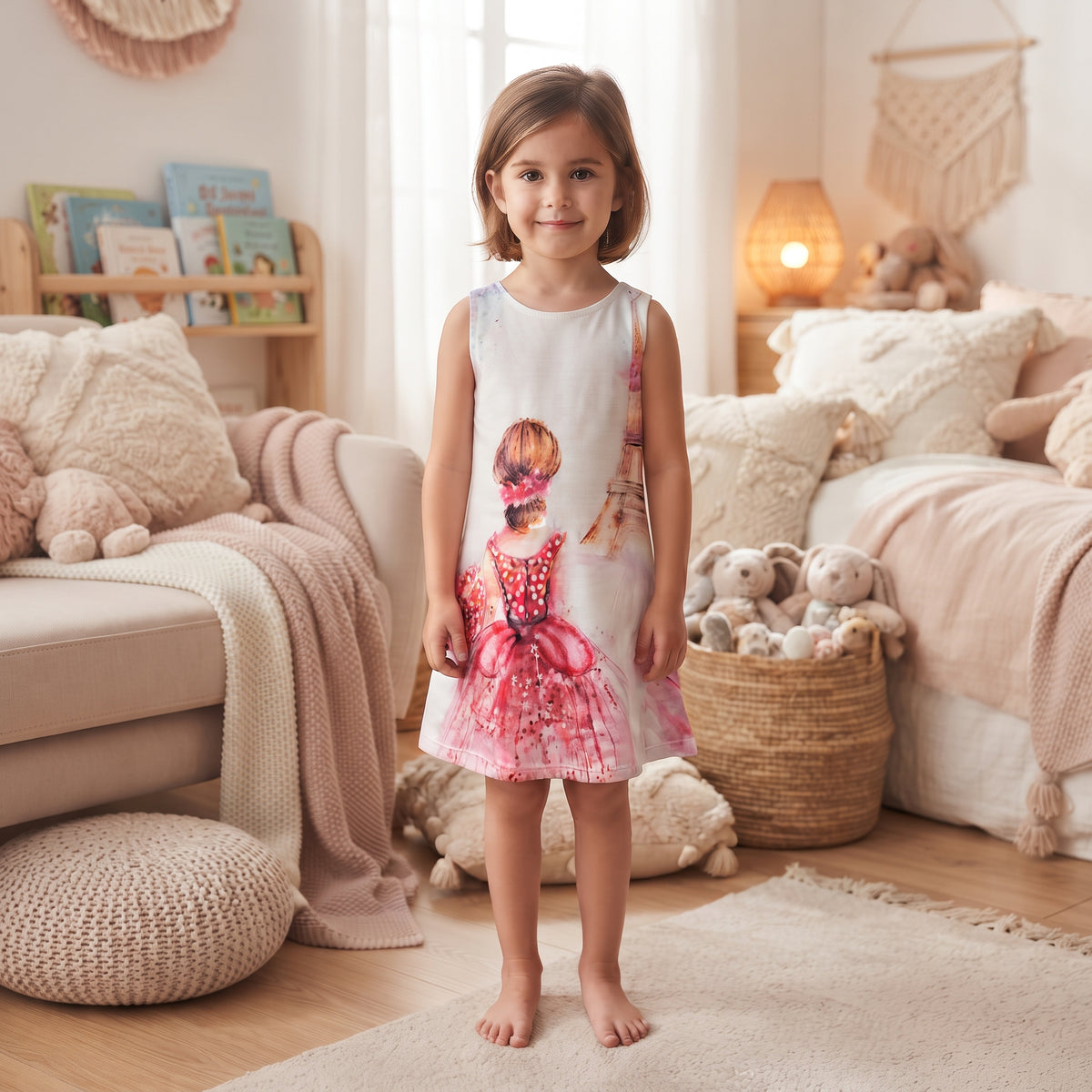 Robe fille sans manches à princesse en rose et tour Eiffel 4 à 14 ans