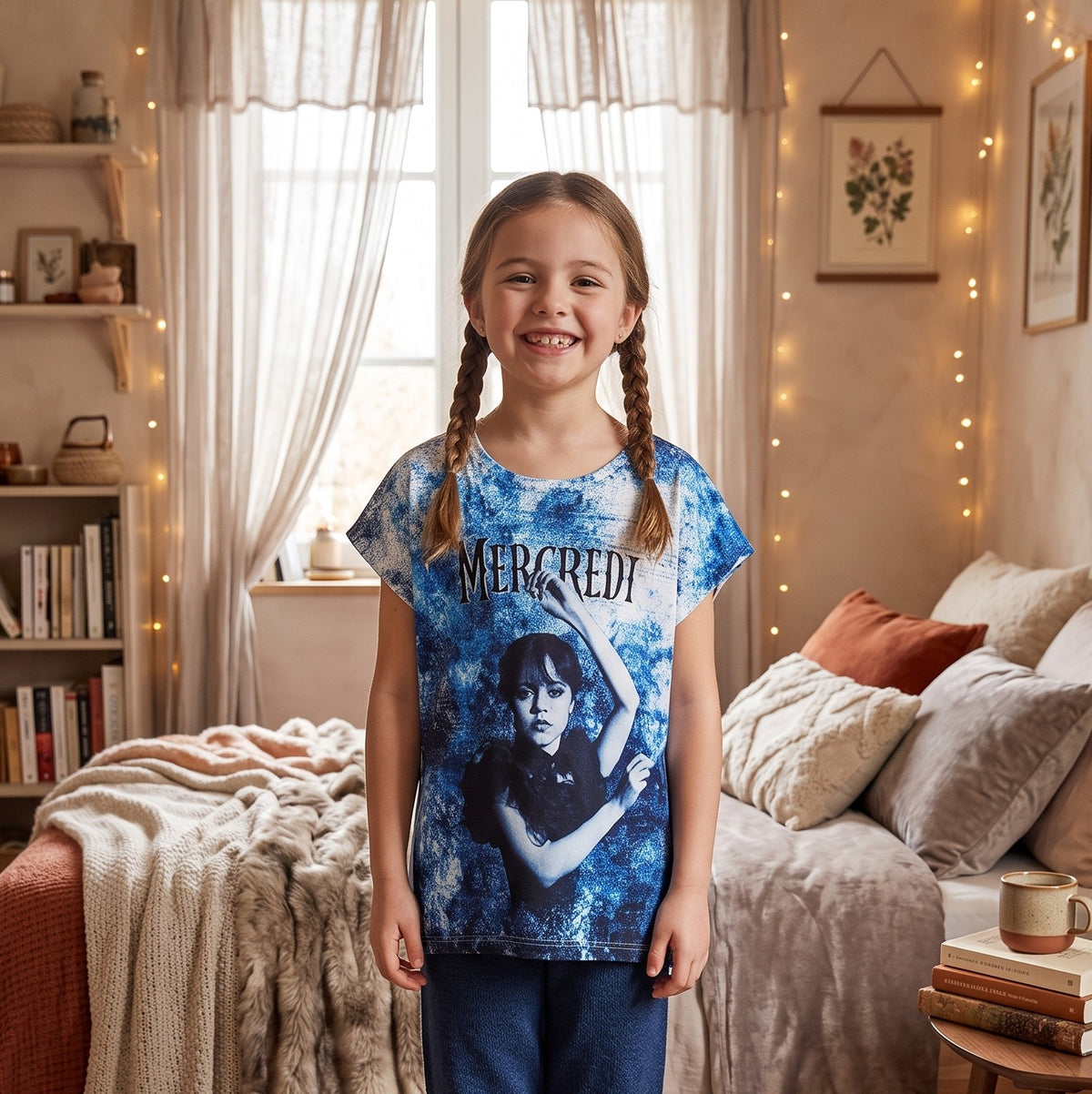 T-shirt fille bleu et blanc à motif Mercredi Addams, manches courtes 6 à 16 ans