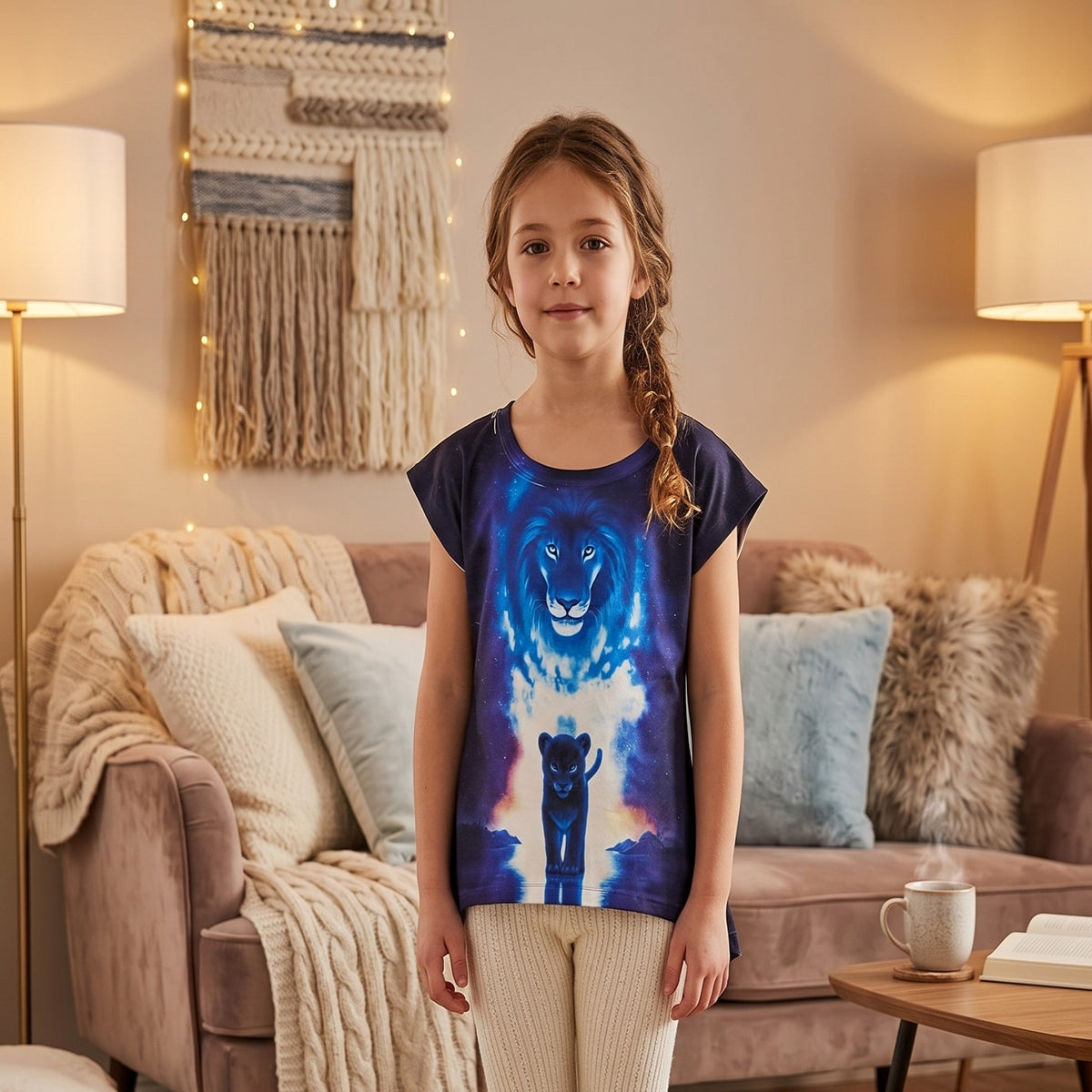 T-shirt fille lion et lionceau – motif bleu nuit – 4 a 14 ans