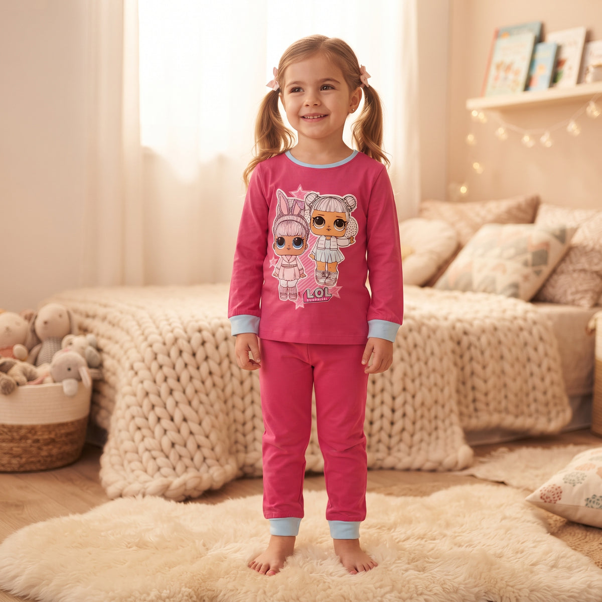 Pyjama fille LOL Surprise rose framboise porté, deux poupées sur le haut et finitions bleu ciel au col, aux poignets et aux chevilles