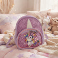 Sac fille licorne lilas à devant violet pailleté, poche transparente à confettis et bandoulière lilas