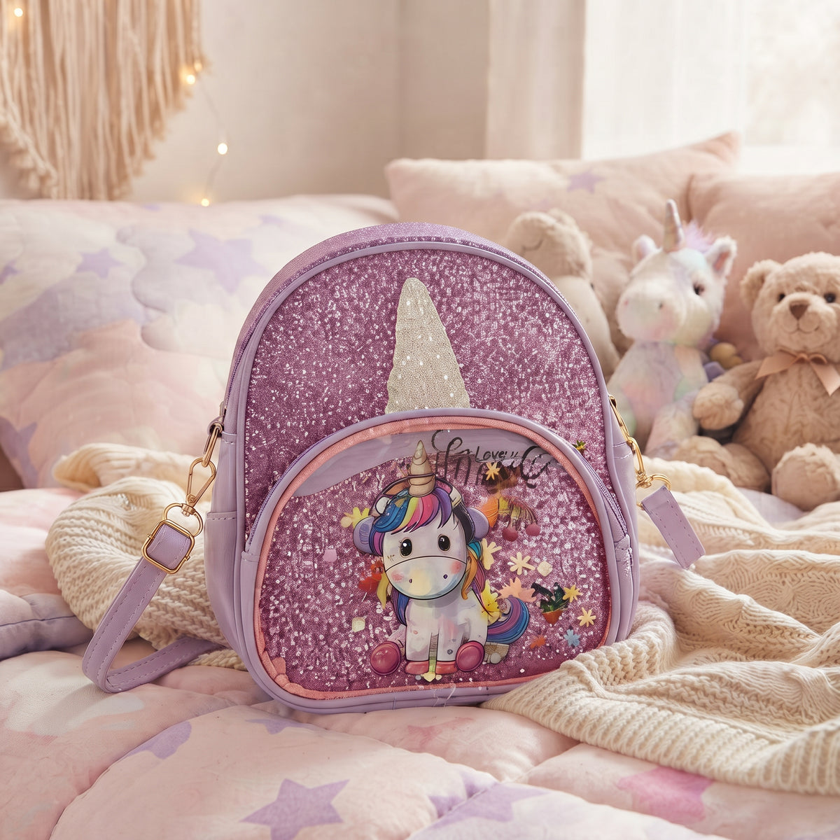 Sac fille licorne lilas à devant violet pailleté, poche transparente à confettis et bandoulière lilas