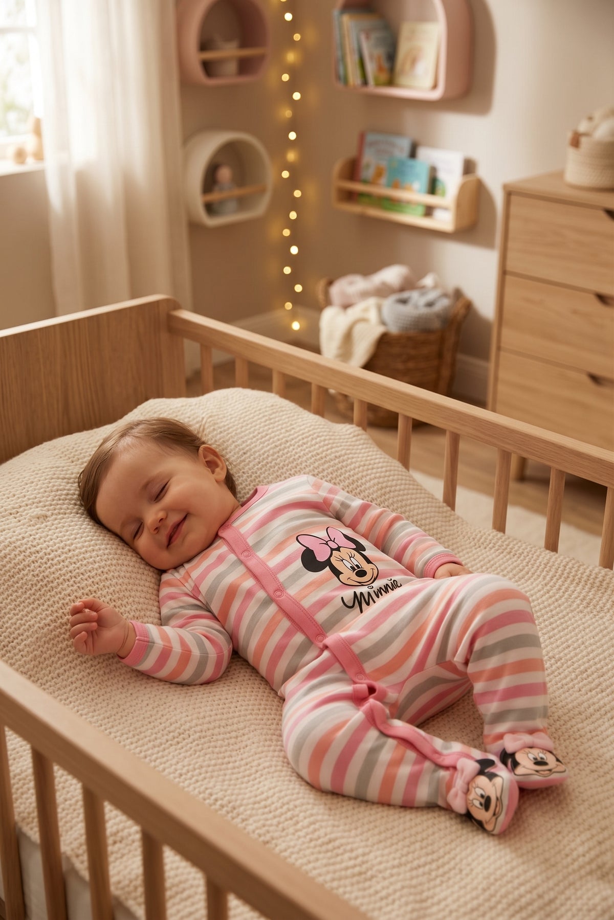 Pyjama grenouillère bébé fille Disney Minnie à rayures rose pastel, blanc et gris, patte de pressions devant et pieds Minnie