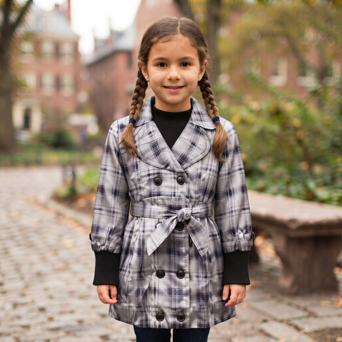 Trench à carreaux noirs fille Buoyance gris argenté avec ceinture 4-12 ans