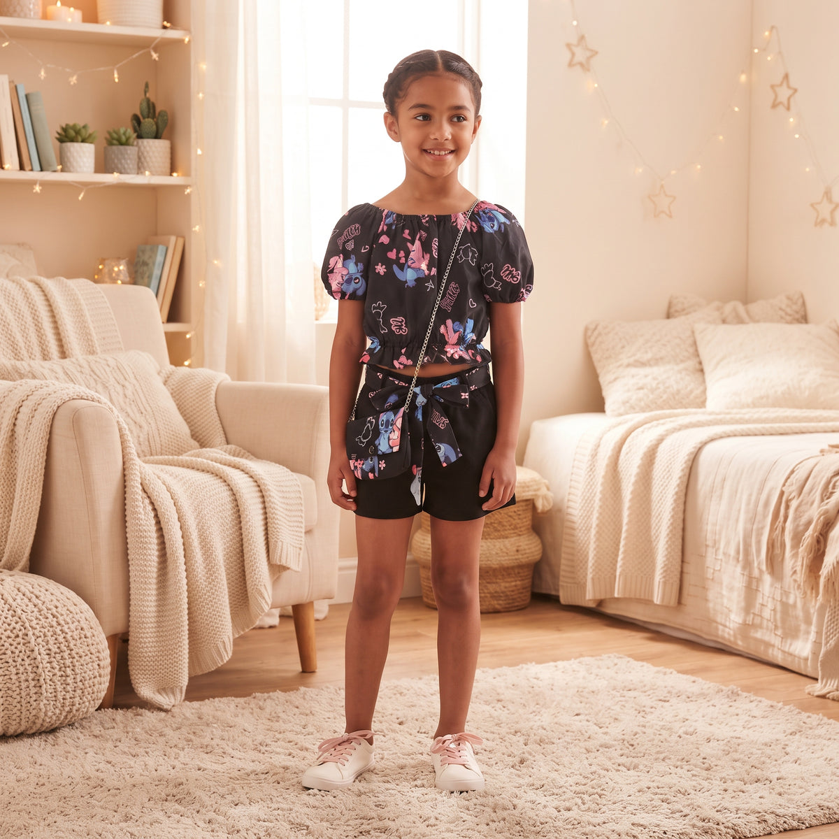 Ensemble fille Stitch et Angel porté, crop top noir à manches bouffantes, short noir à lien imprimé et sac assorti
