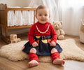 Ensemble Bebe Fille 3 Pieces Tshirt Rouge Robe Bicolore Marine Pois Legging Collier 3-24 mois Neuf