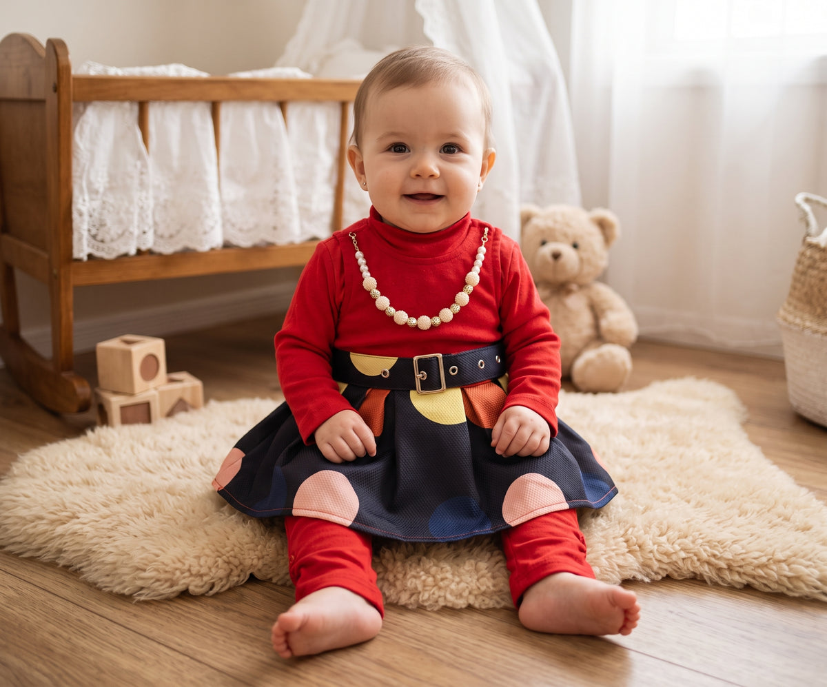 Ensemble Bebe Fille 3 Pieces Tshirt Rouge Robe Bicolore Marine Pois Legging Collier 3-24 mois Neuf