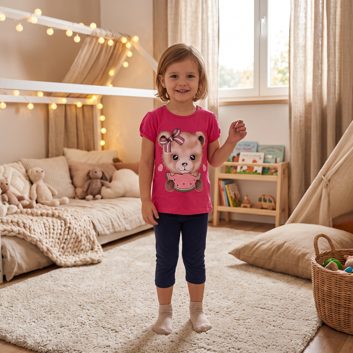 Ensemble fille Yoyo porté, t-shirt fuchsia nounours pastèque et legging trois-quarts bleu marine