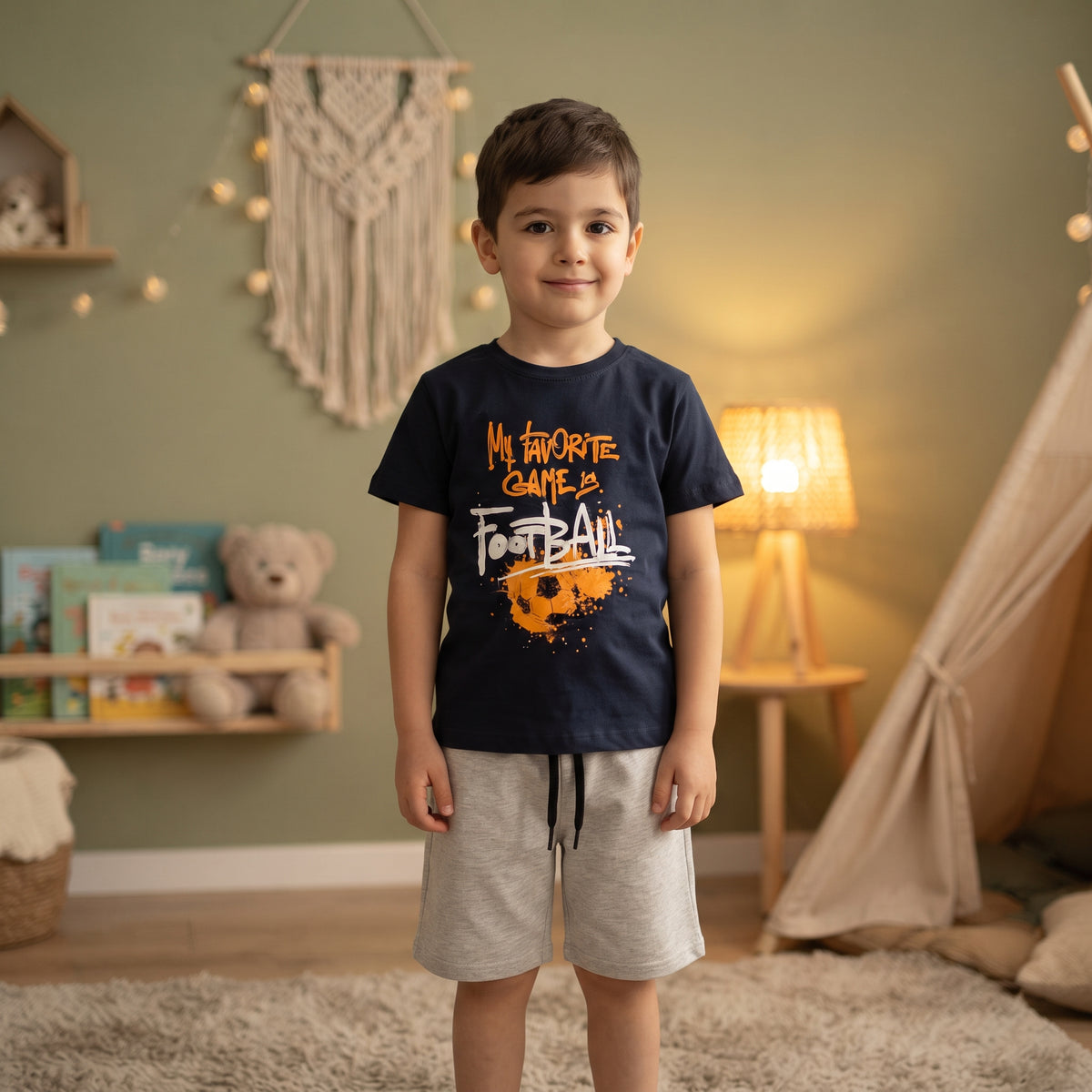 Ensemble garçon football porté, t-shirt bleu marine à ballon orange et short gris chiné à cordon noir
