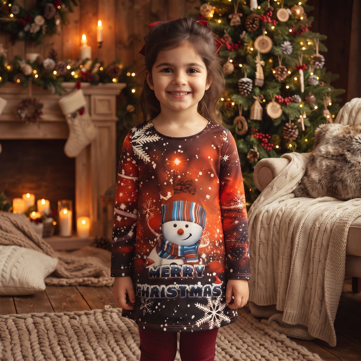 Tunique fille Noël bonhomme de neige et bonnet rayé, Merry Christmas 2 à 12 ans