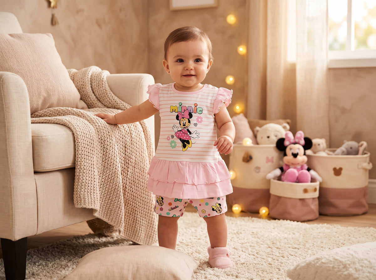 Ensemble bébé fille Minnie avec haut rayé à volants roses et short imprimé, porté par un bébé