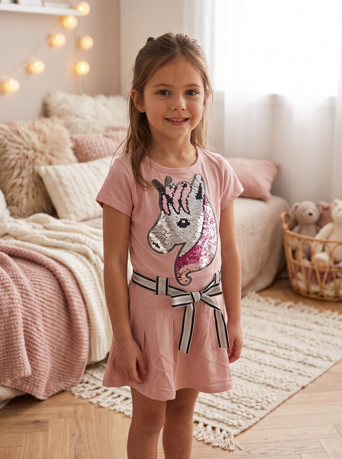 Tunique fille rose poudré avec licorne à sequins et ceinture rayée nouée, portée