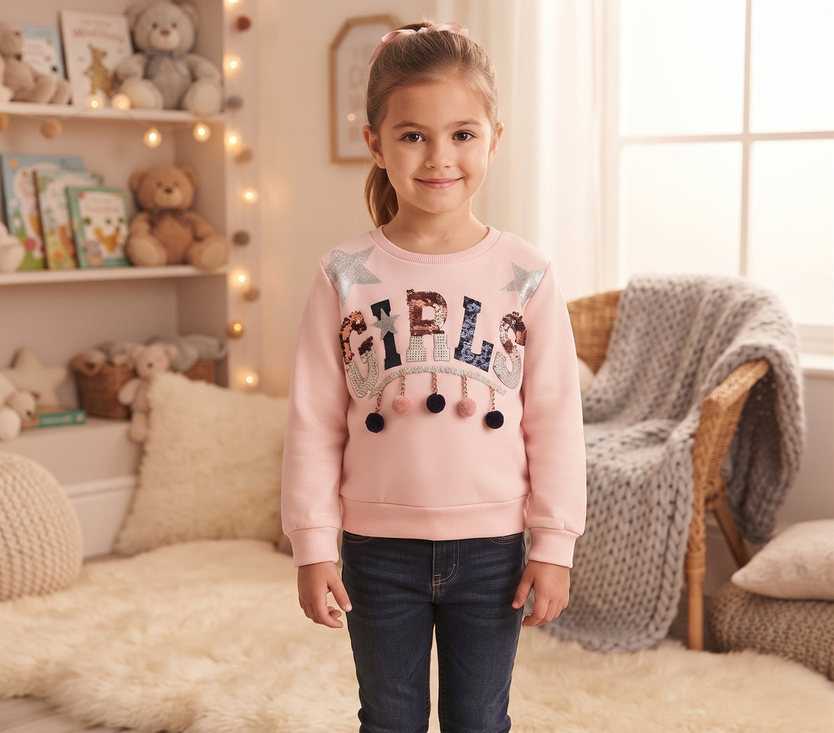 Sweat fille Papillon rose poudré GIRLS avec étoiles argentées et pompons roses et noirs, porté