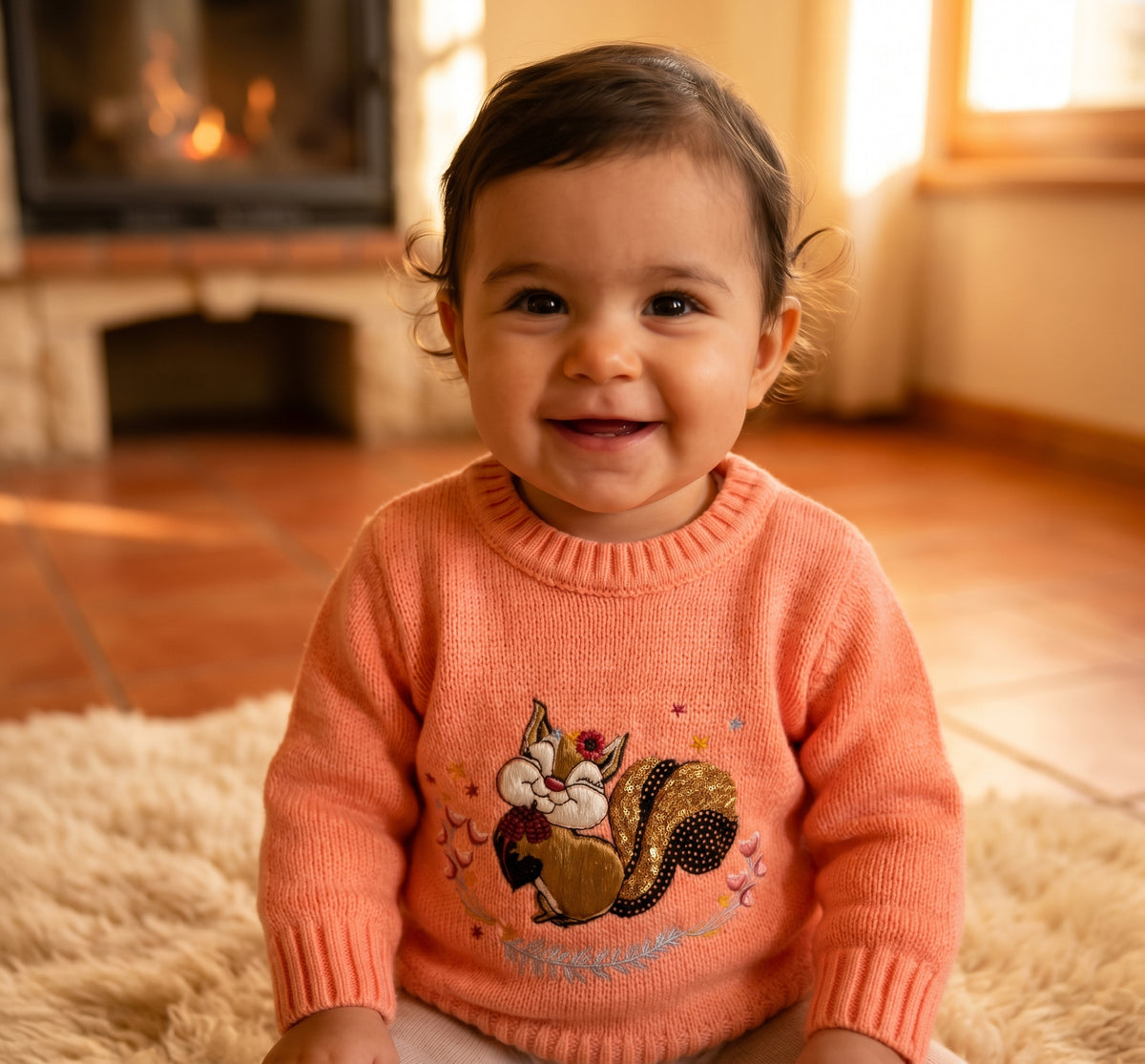 Pull Bebe Fille Rose Saumon Pampa Ecureuil Brodé Sequins 12-18 mois Neuf