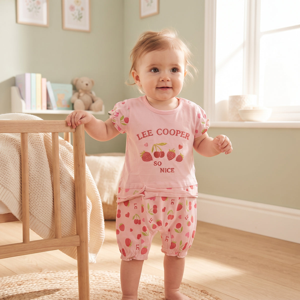 Combishort bébé fille Lee Cooper rose à fraises et cerises 3 à 24 mois