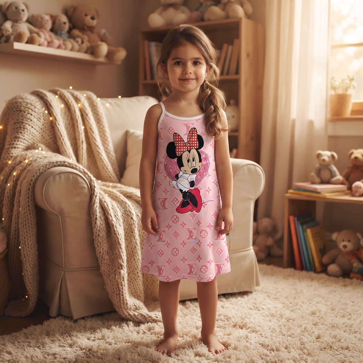 Nuisette fille rose Minnie Mouse portée, cœur rose et fines bretelles blanches