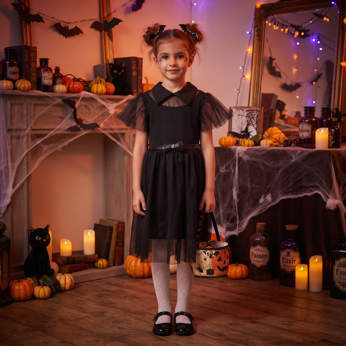 Robe noire fille style Mercredi Addams, col à pointes et tulle 6 à 14 ans